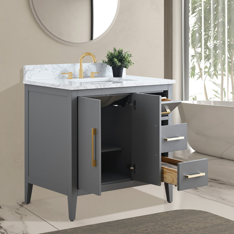 Cashmere Gray Poplar Wood Single Sink Bathroom Vanity with Engineered Marble Top