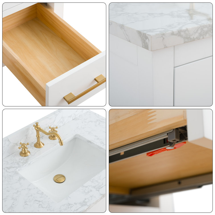White and Gold 36" Single Bathroom Vanity with Ceramic Sink