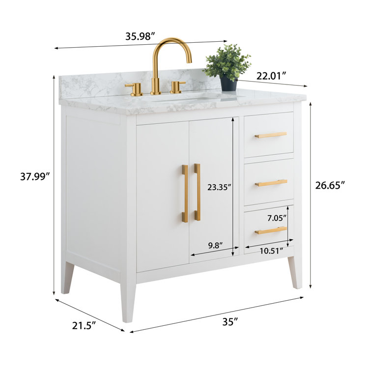 White and Gold 36" Single Bathroom Vanity with Ceramic Sink