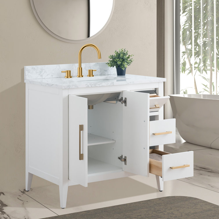 White and Gold 36" Single Bathroom Vanity with Ceramic Sink