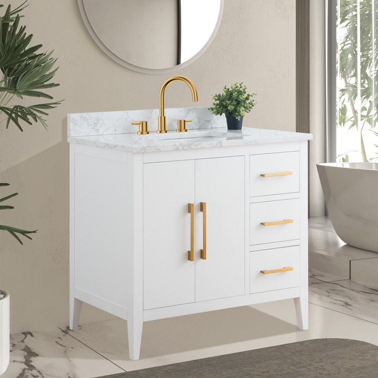 White and Gold 36" Single Bathroom Vanity with Ceramic Sink