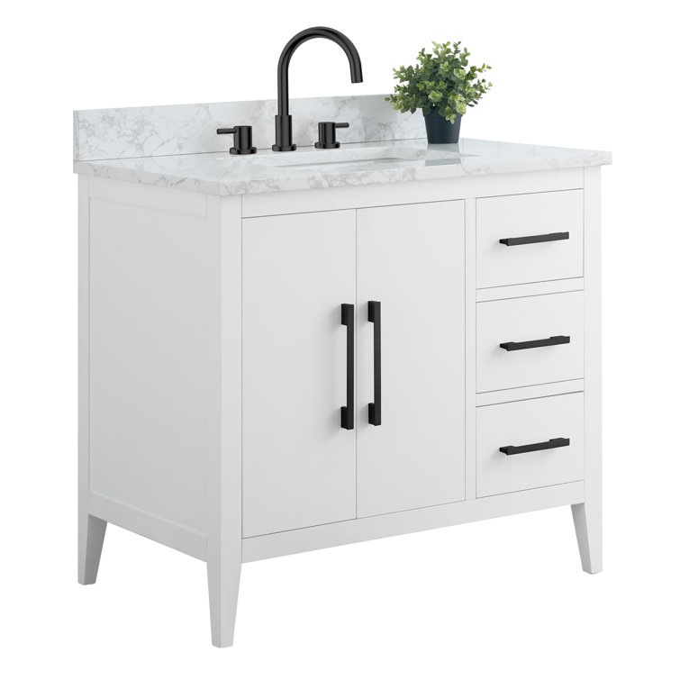 White Poplar Wood Single Sink Bathroom Vanity with Marble Top