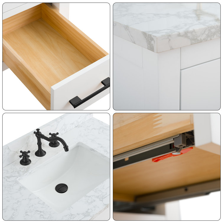 White Poplar Wood Single Sink Bathroom Vanity with Marble Top
