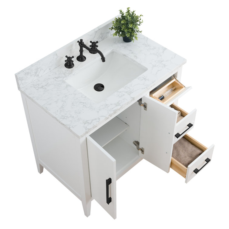 White Poplar Wood Single Sink Bathroom Vanity with Marble Top