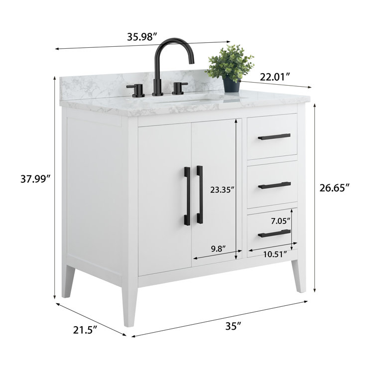 White Poplar Wood Single Sink Bathroom Vanity with Marble Top