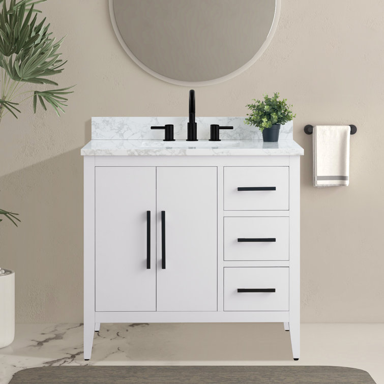 White Poplar Wood Single Sink Bathroom Vanity with Marble Top