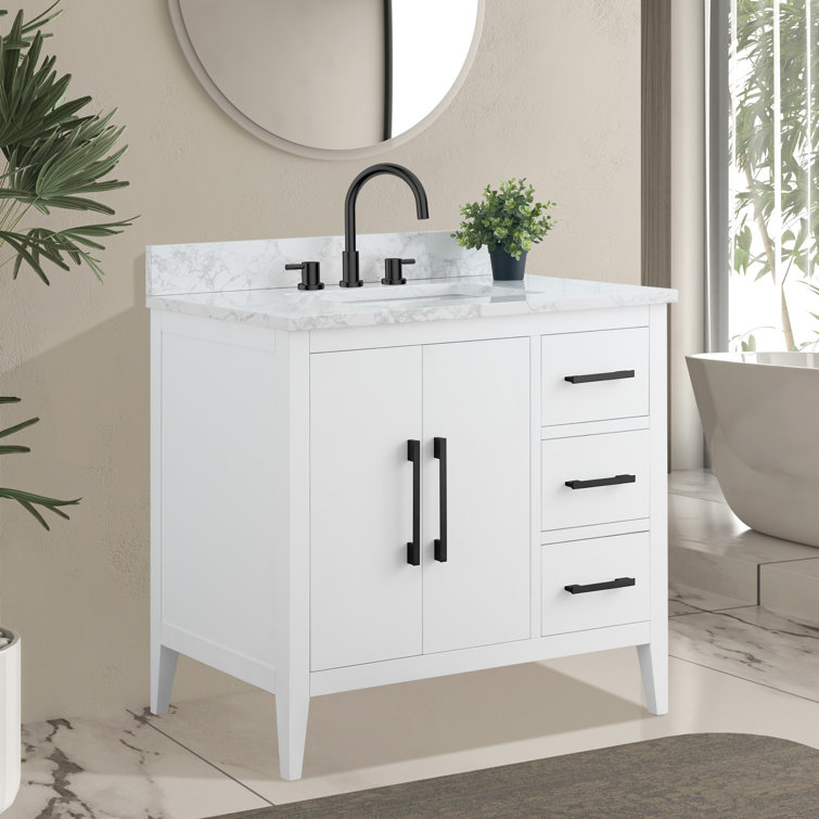 White Poplar Wood Single Sink Bathroom Vanity with Marble Top