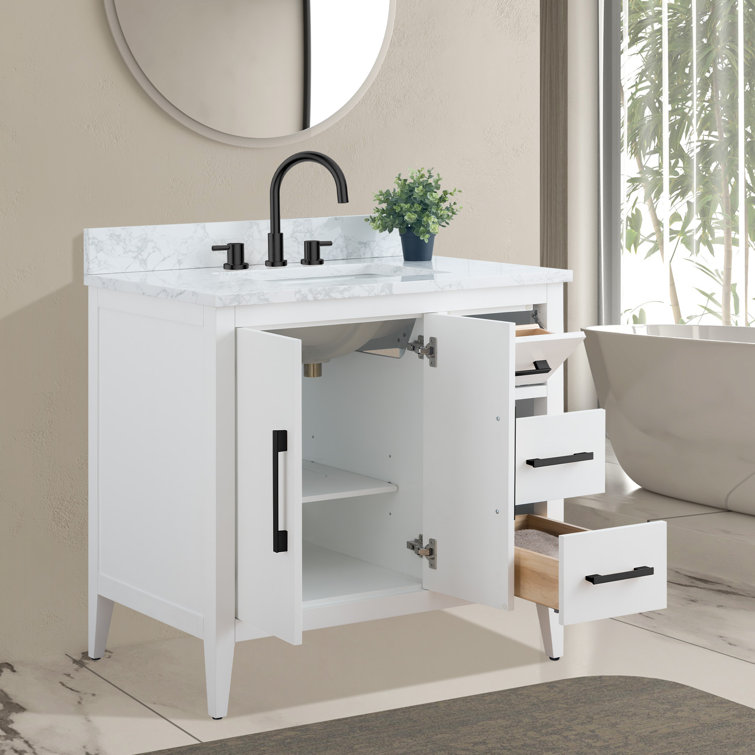 White Poplar Wood Single Sink Bathroom Vanity with Marble Top