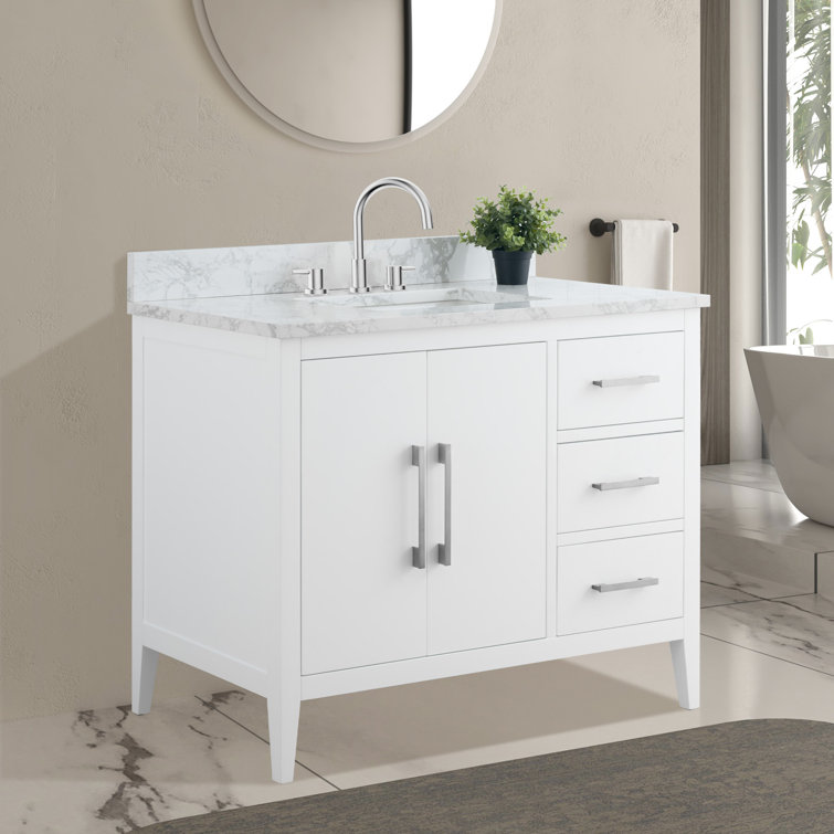 42'' White MDF Freestanding Single Bathroom Vanity with Engineered Marble Top