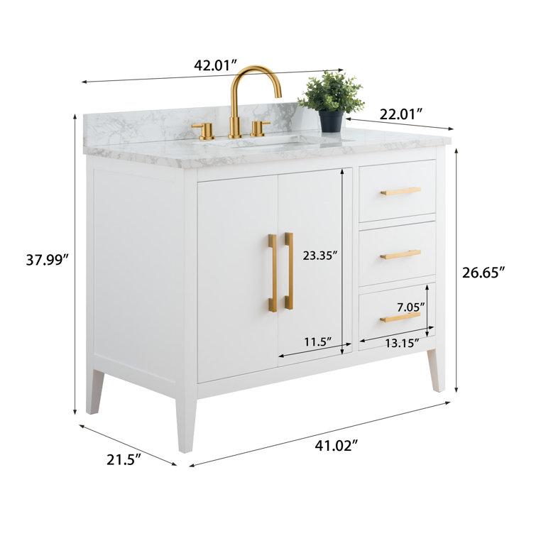 42'' White and Golden Brushed Freestanding Single Sink Bathroom Vanity