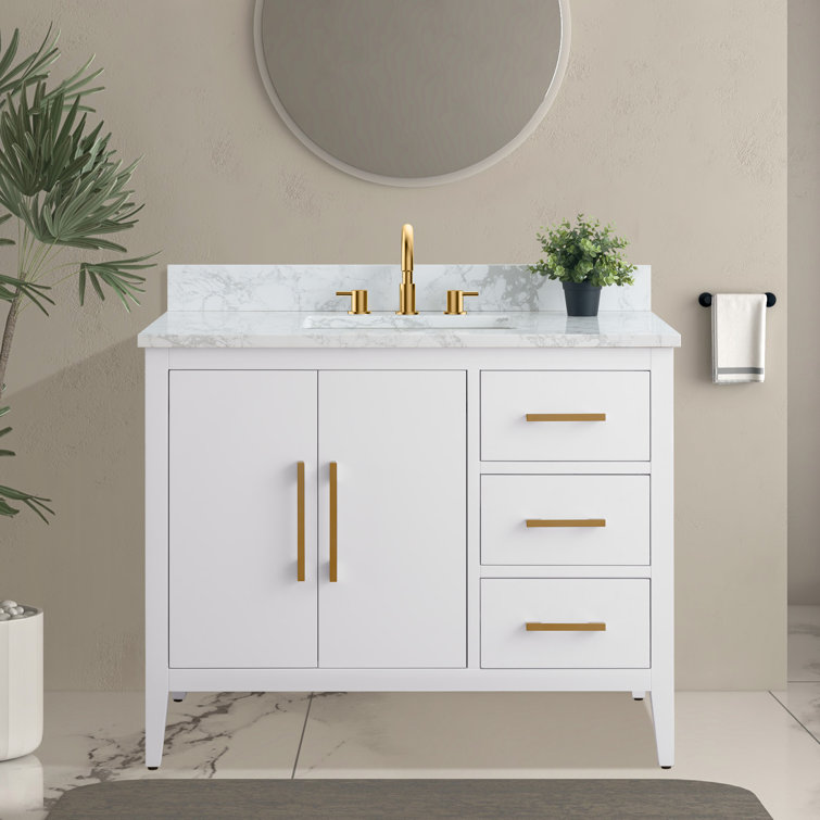 42'' White and Golden Brushed Freestanding Single Sink Bathroom Vanity