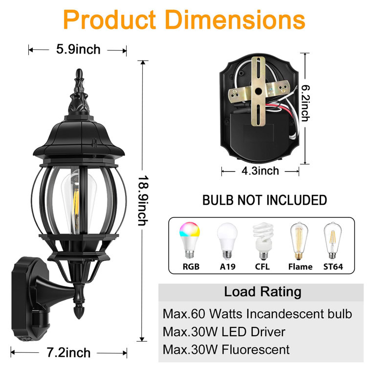 18" Black Aluminum Motion Sensor Outdoor Wall Light