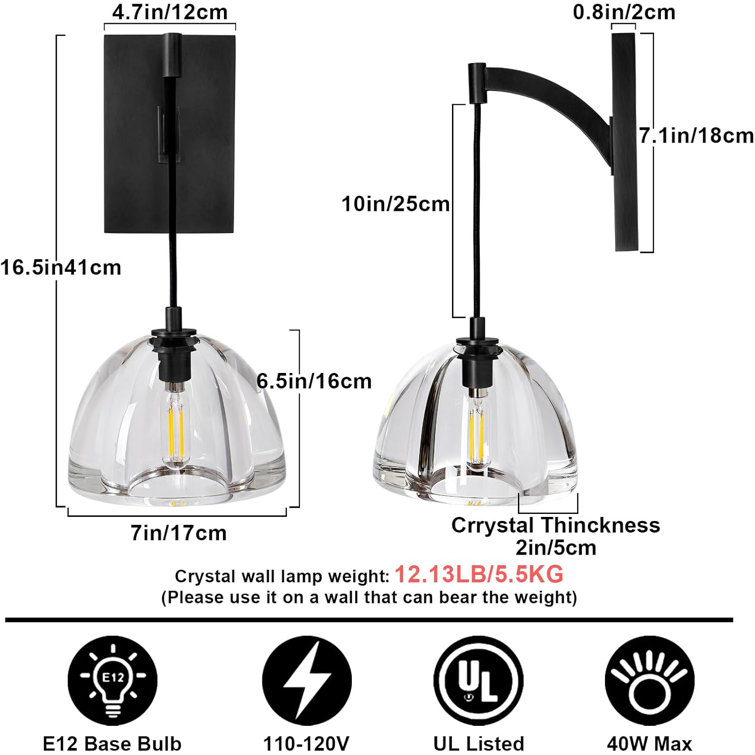 Matte Black Crystal Hemisphere Wall Sconce Set of Two