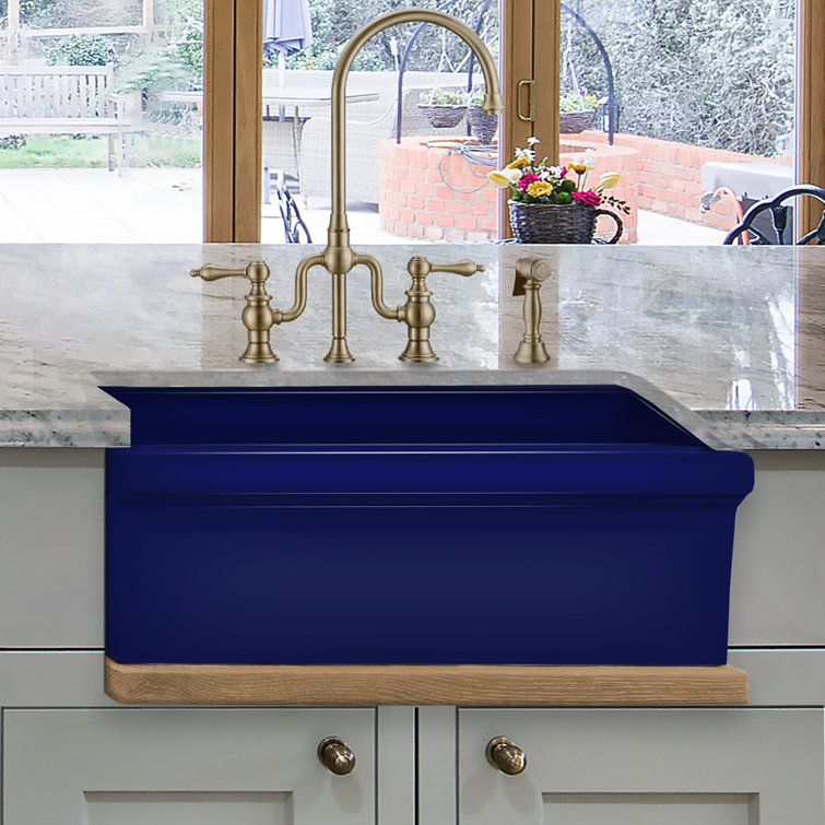 Glossy Blue 31" Fireclay Single Bowl Kitchen Sink with Beveled Apron