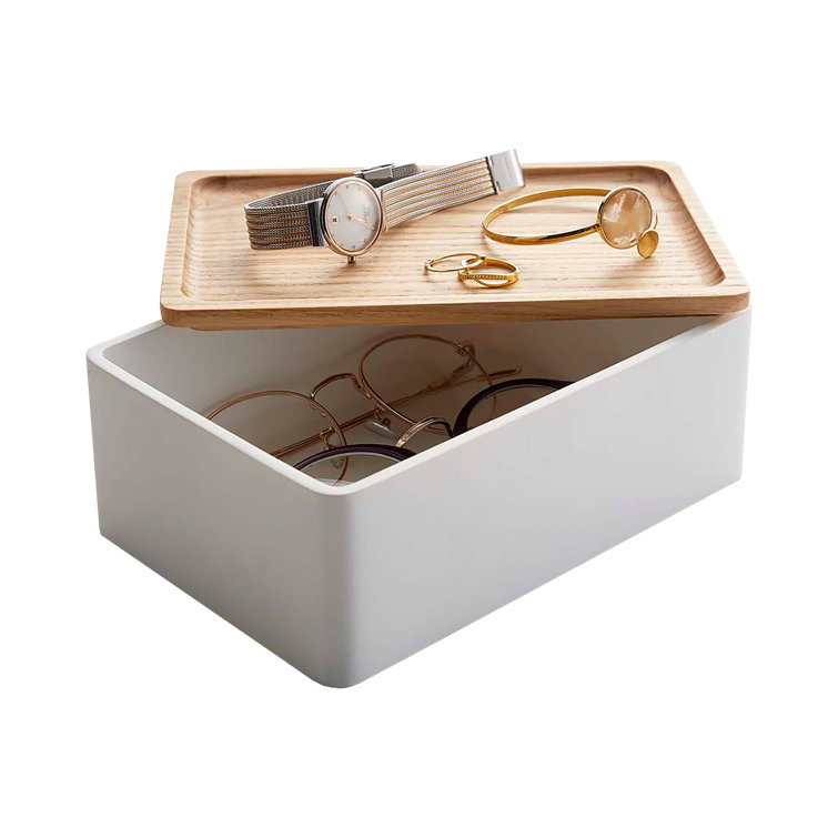 White Polystone Rectangular Accessory Box with Wooden Lid