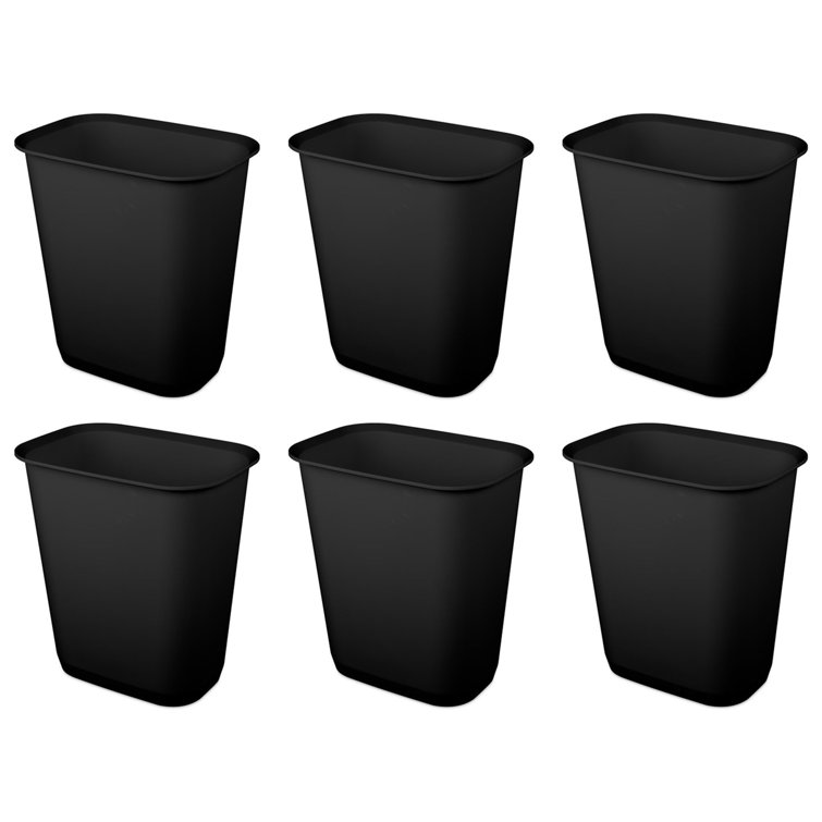 Sterilite 9 Gallon Black Plastic Rectangular Wastebasket, 6 Pack