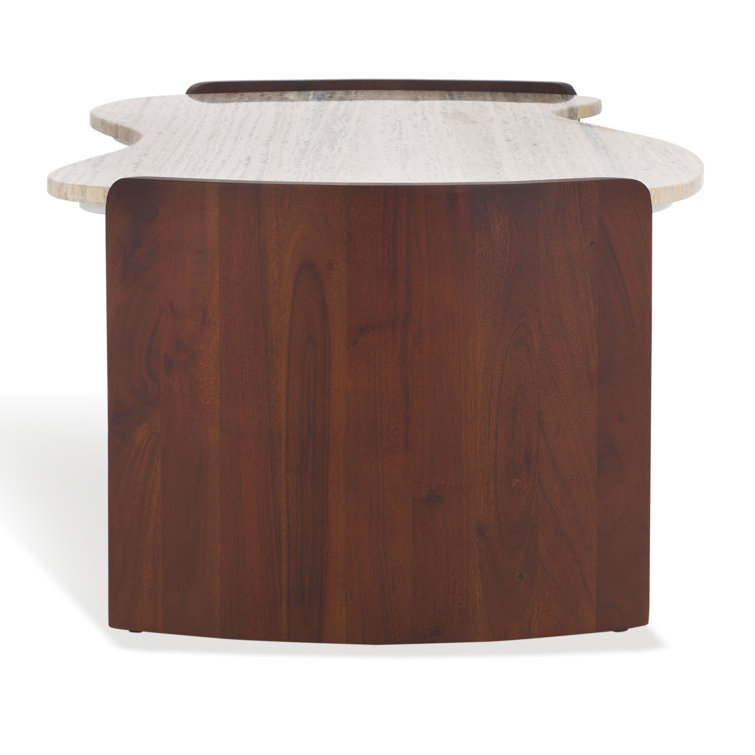 Elegant Dark Brown Acacia Wood and Travertine Coffee Table