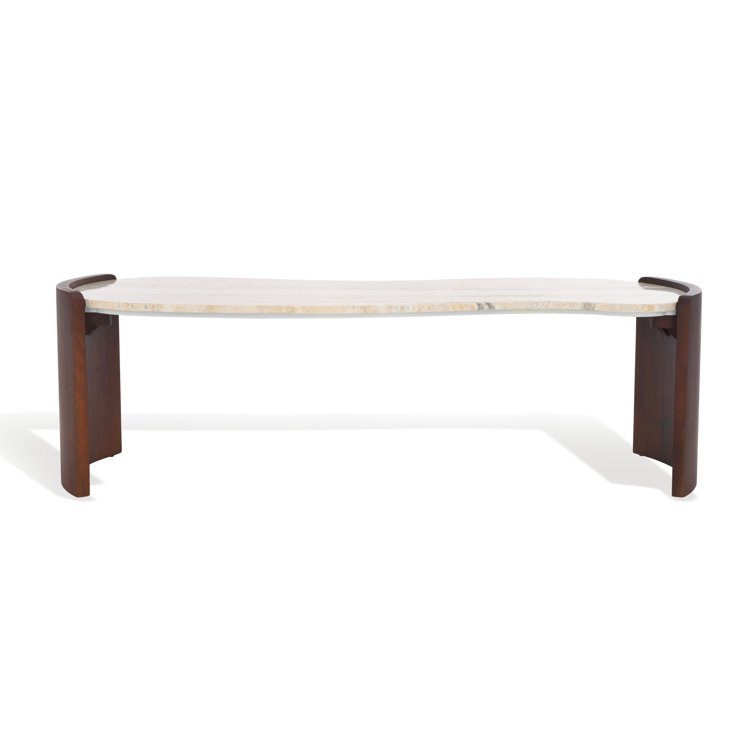 Elegant Dark Brown Acacia Wood and Travertine Coffee Table