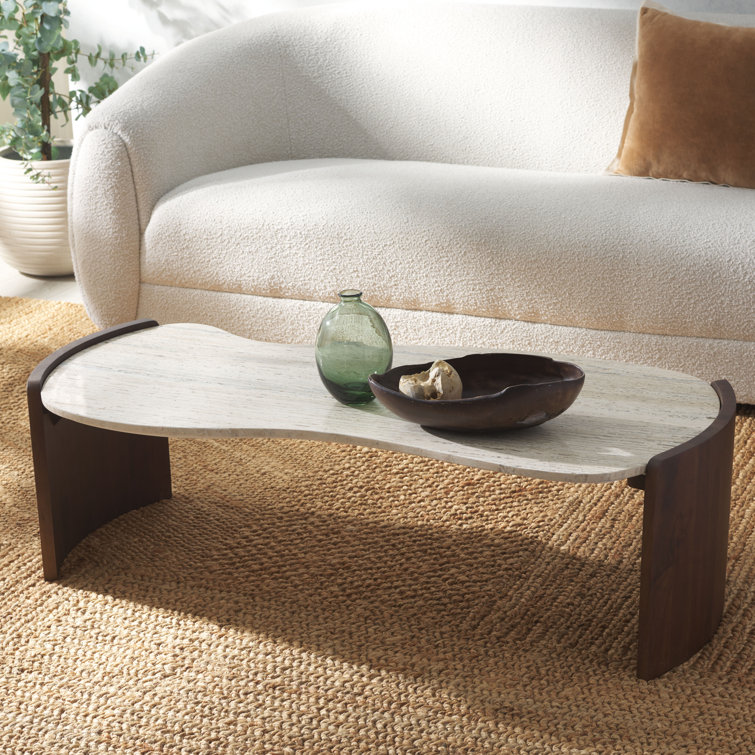 Elegant Dark Brown Acacia Wood and Travertine Coffee Table