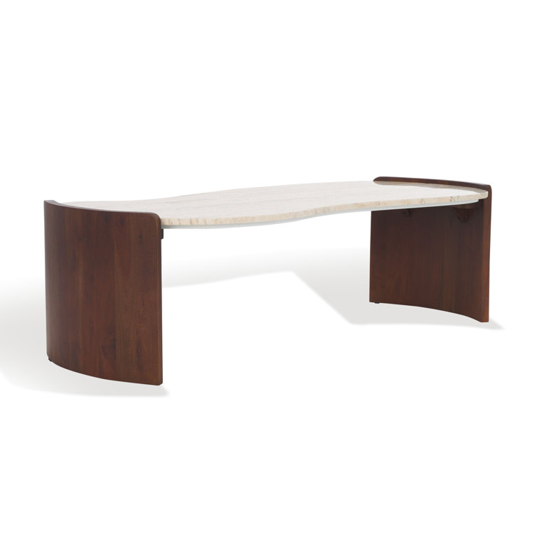 Elegant Dark Brown Acacia Wood and Travertine Coffee Table