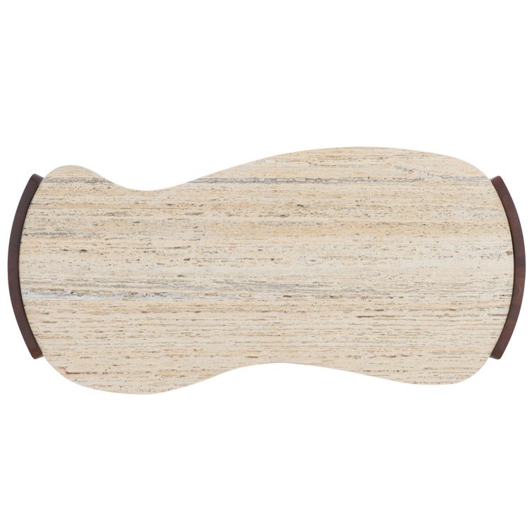 Elegant Dark Brown Acacia Wood and Travertine Coffee Table