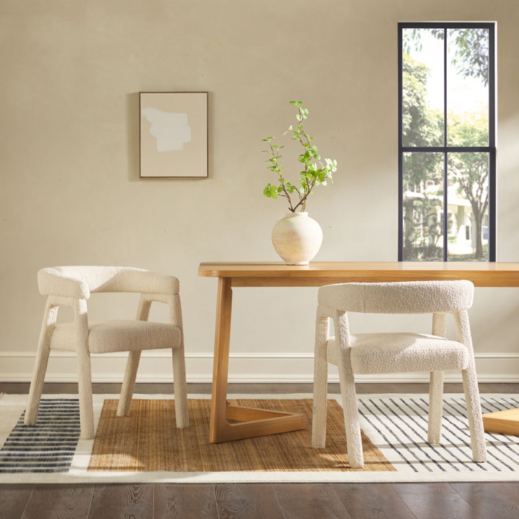 Ivory Boucle Upholstered Arm Chair with Wooden Legs