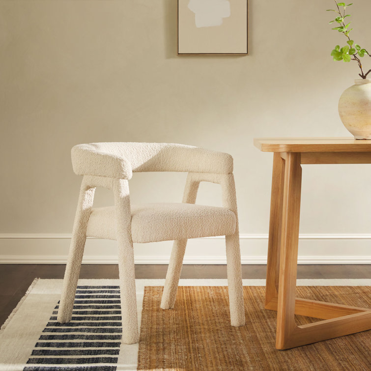 Ivory Boucle Upholstered Arm Chair with Wooden Legs
