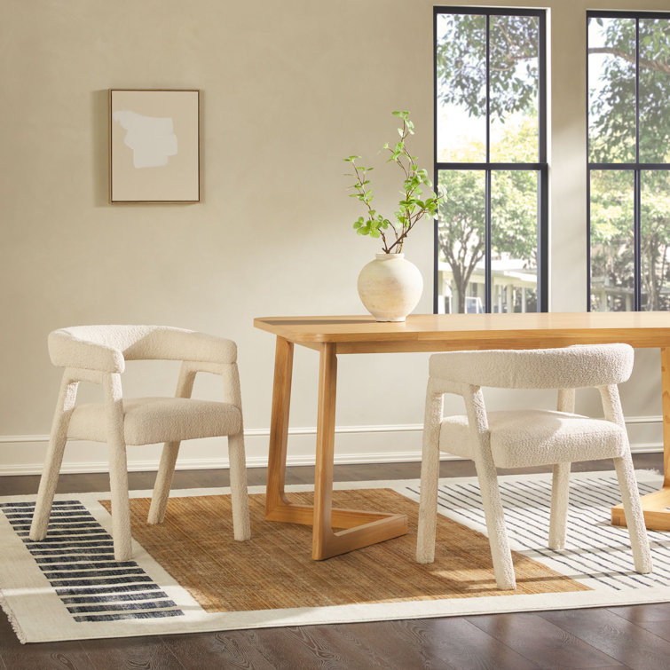 Ivory Boucle Upholstered Arm Chair with Wooden Legs