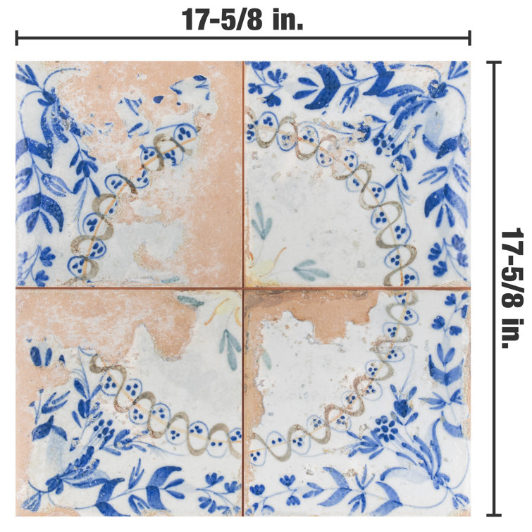 Kings Luxe Heritage 17.63" Blue and Beige Ceramic Patterned Wall & Floor Tile