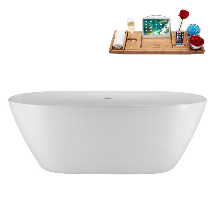 59" Glossy White Acrylic Freestanding Soaking Tub with Tray