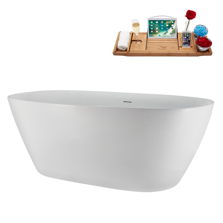 59" Glossy White Acrylic Freestanding Soaking Tub with Tray