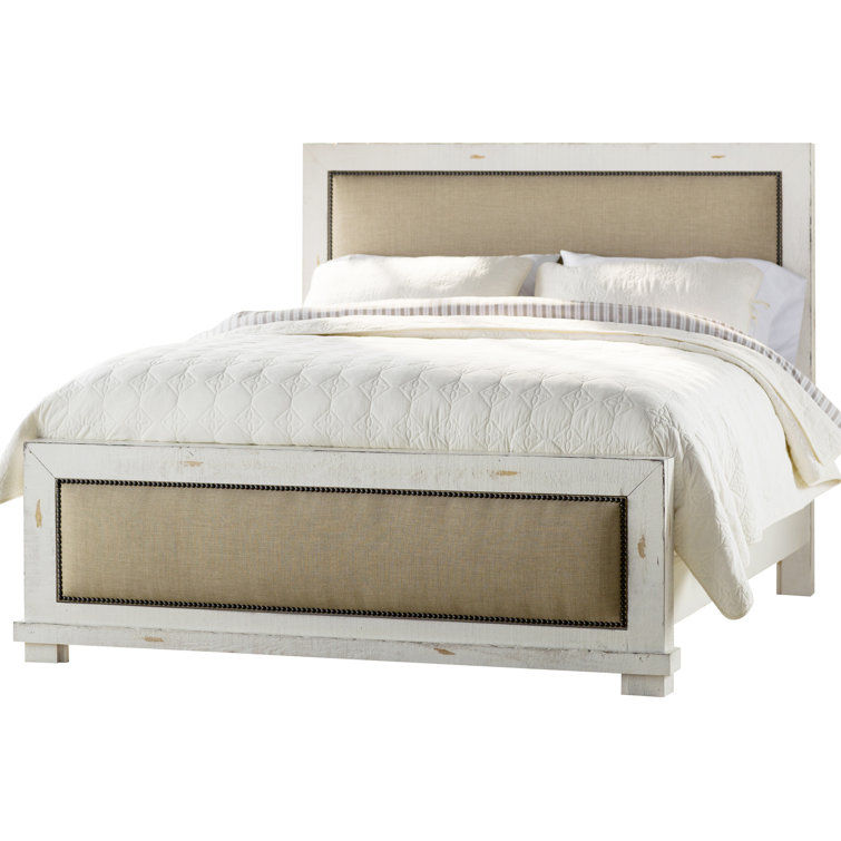 Rustic Pine Queen Bed with Linen Upholstered Headboard and Storage