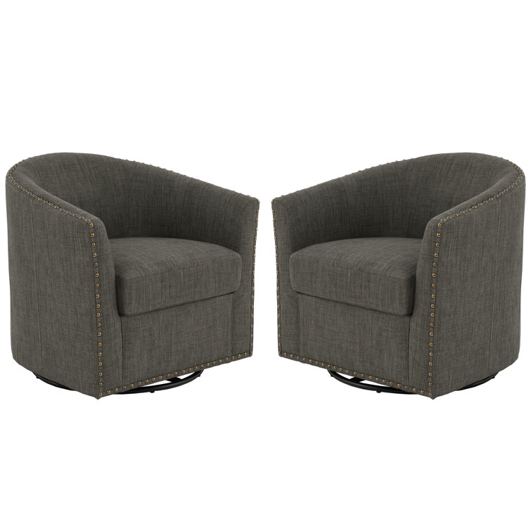 Gray Polyester Blend Swivel Barrel Chair Set with Nailhead Trim