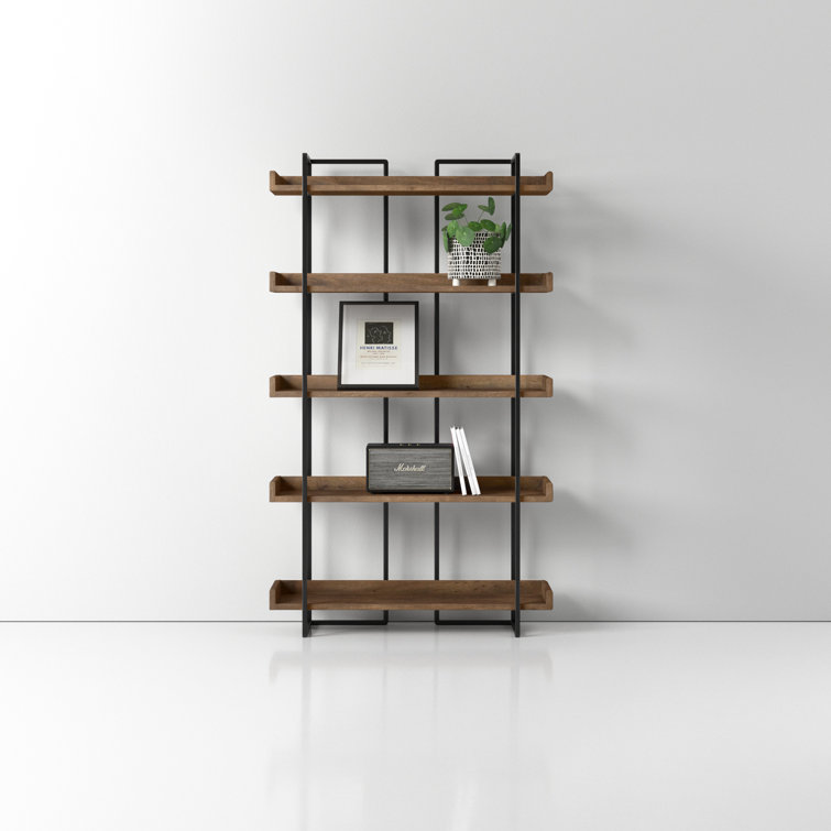 Light Brown Wood and Iron 5-Tier Industrial Bookcase