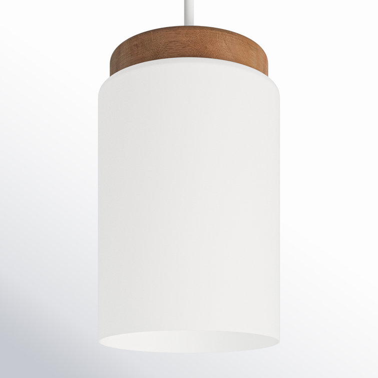 White Glass and Wood Cylinder Pendant Light