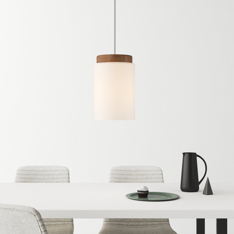 White Glass and Wood Cylinder Pendant Light