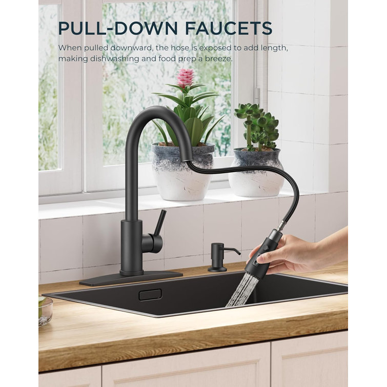 Matte Black Single Handle Pull Down Kitchen Faucet with Soap Dispenser
