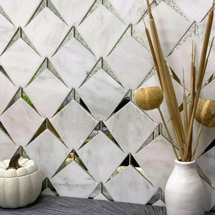 Arrowhead White Marble and Antique Mirror Glass Mosaic Wall Tile