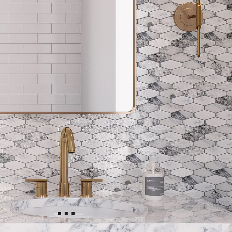 White and Silver Elongated Hex Glass Mosaic Tile