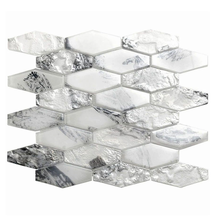White and Silver Elongated Hex Glass Mosaic Tile