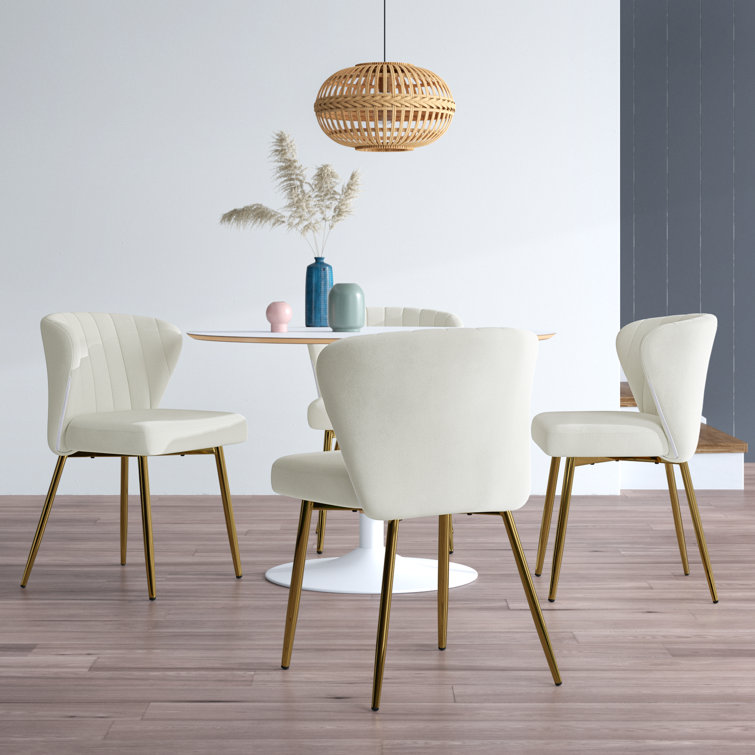 Ivory Velvet Upholstered Wing Back Side Chair Set with Gold Metal Legs
