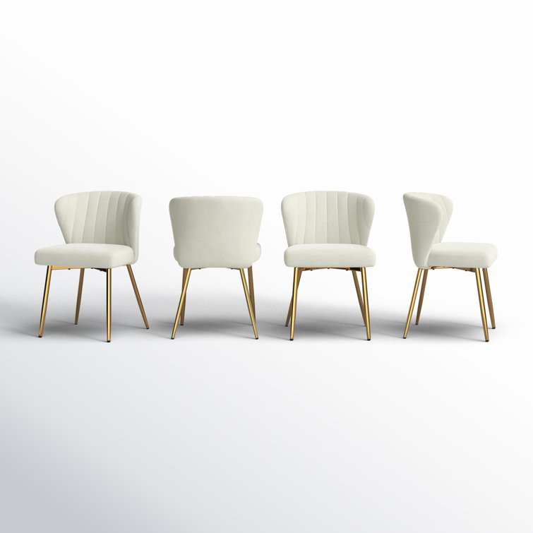Ivory Velvet Upholstered Wing Back Side Chair Set with Gold Metal Legs
