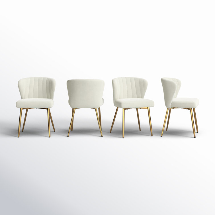 Ivory Velvet Upholstered Wing Back Side Chair Set with Gold Metal Legs