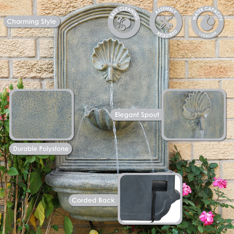 Seaside French Limestone Solar-Powered Wall Fountain with Battery Backup