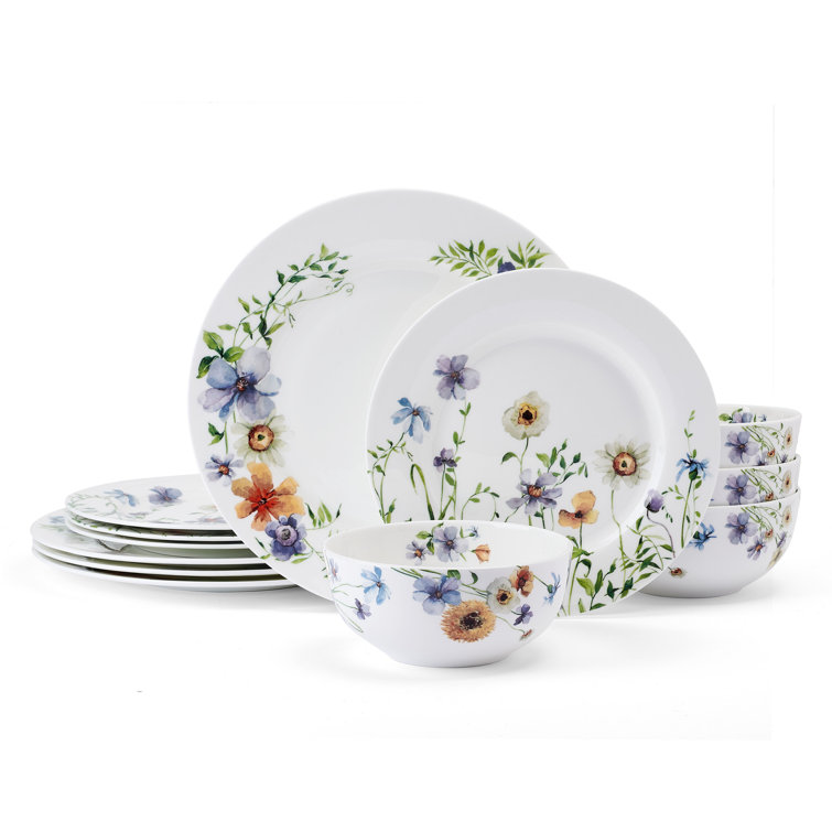 Audrina Floral White Porcelain 12-Piece Dinnerware Set, Service for 4