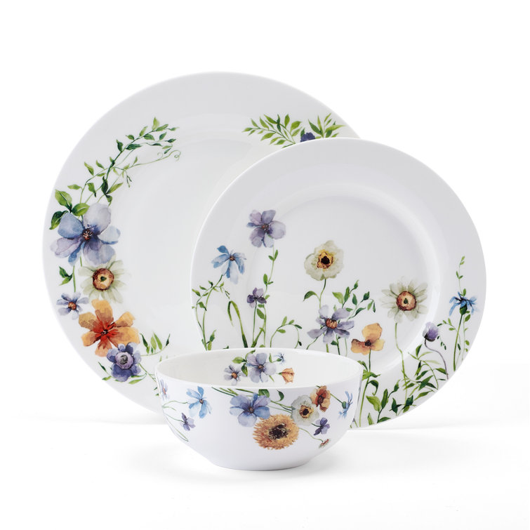 Audrina Floral White Porcelain 12-Piece Dinnerware Set, Service for 4