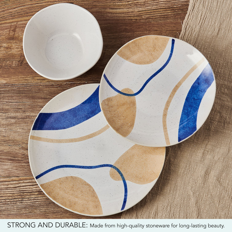 Artful Circles Blue and Beige Stoneware Dinnerware Set, Service for 4