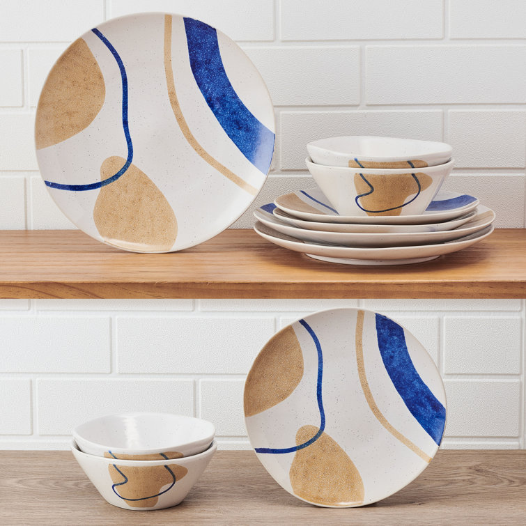Artful Circles Blue and Beige Stoneware Dinnerware Set, Service for 4