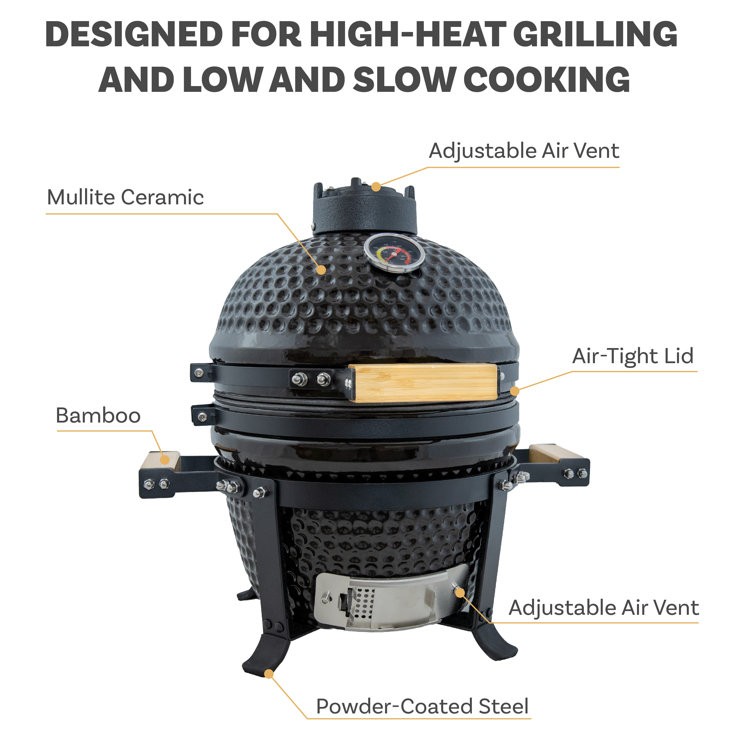 Compact Black Ceramic Kamado Grill with Smoker and Stand