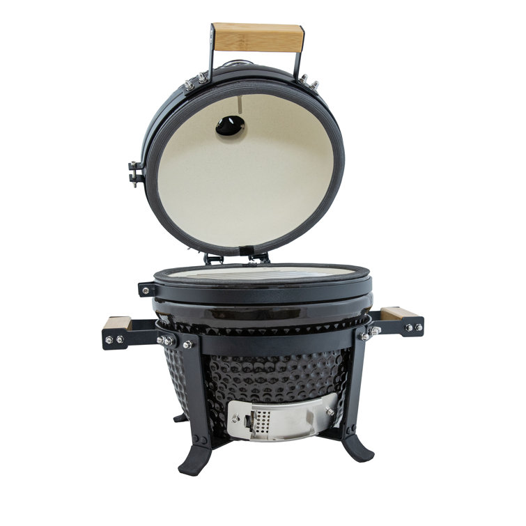 Compact Black Ceramic Kamado Grill with Smoker and Stand